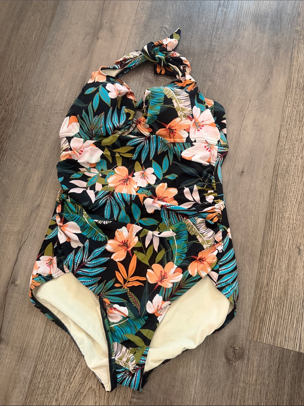 Tropical Floral Halter One-Piece Swimsuit - Black Floral